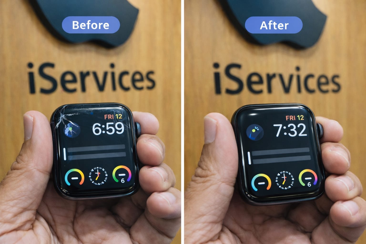 Before and after Apple Watch screen replacement at iServices Centre Hyderabad: cracked watch display replaced with a new screen