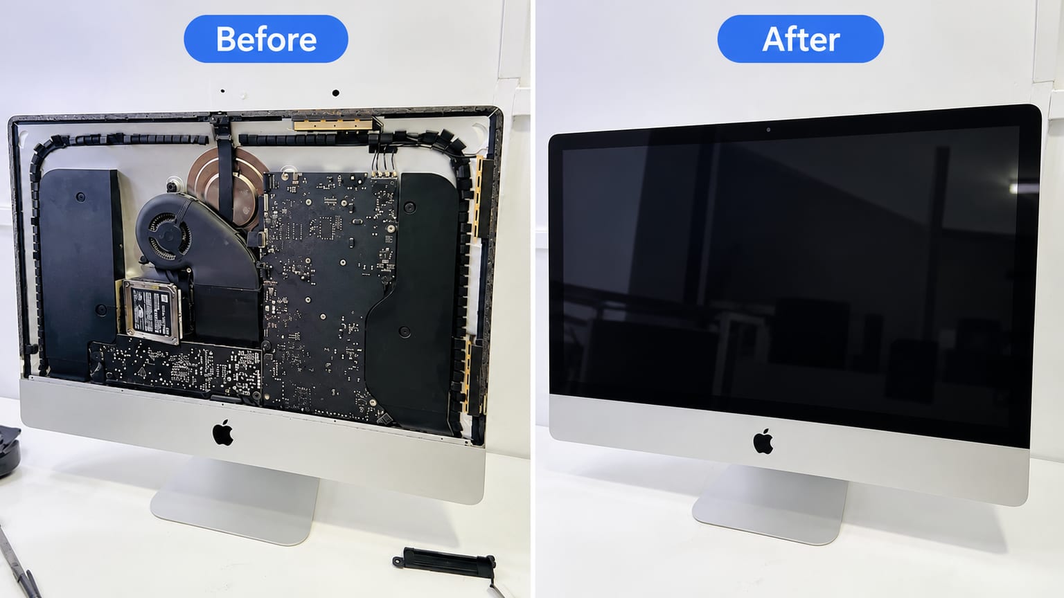 Before and after iMac repair at iServices Centre Hyderabad: iMac opened with display removed for internal repair, then reassembled and working