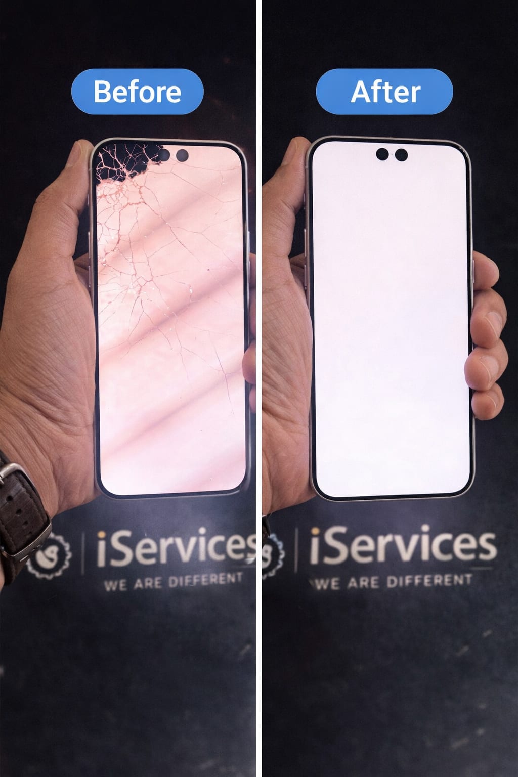 Before and after iPhone screen replacement at iServices Centre Hyderabad: shattered display replaced with a new screen