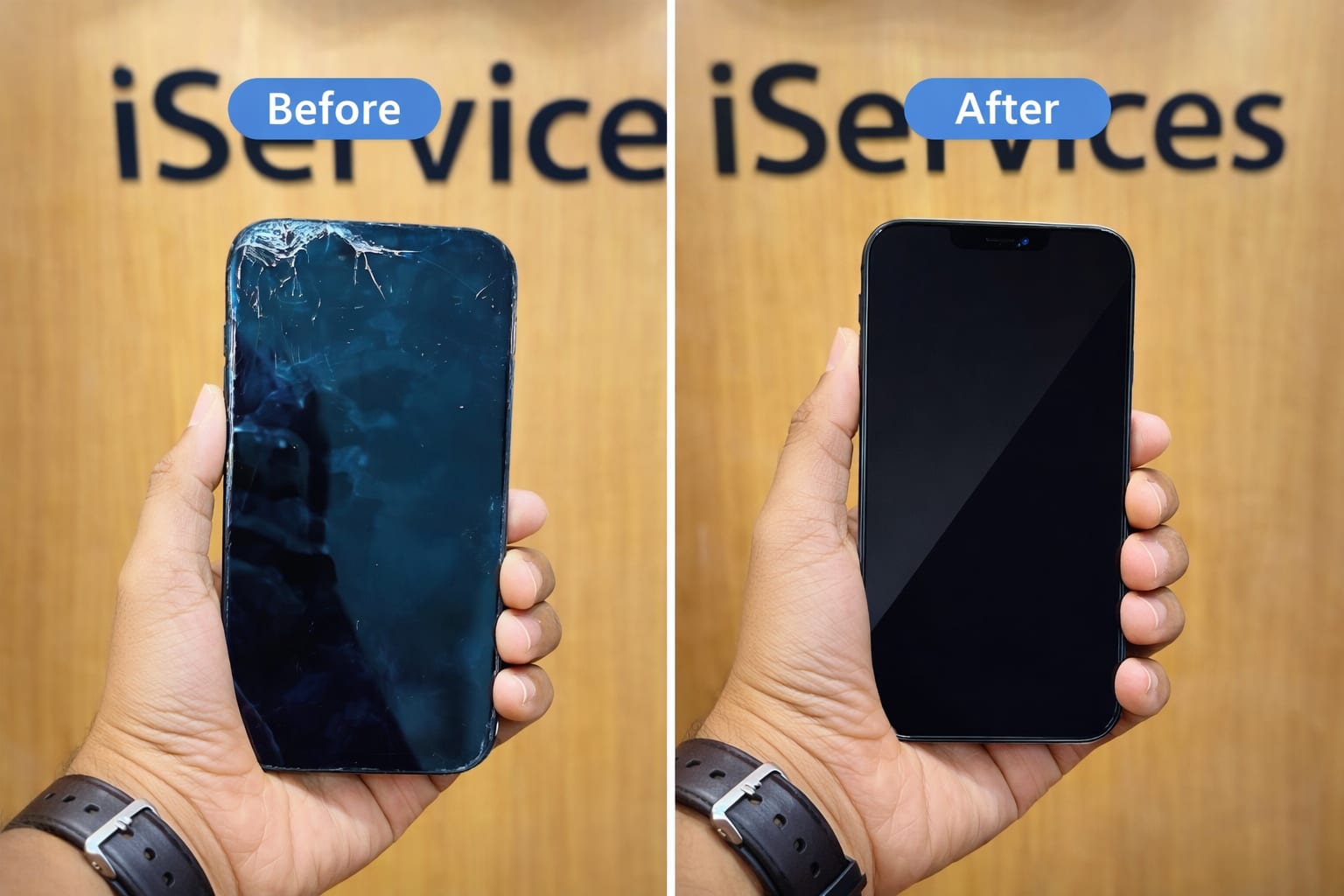 Before and after iPhone screen replacement at iServices Centre Hyderabad: cracked display replaced with a new screen
