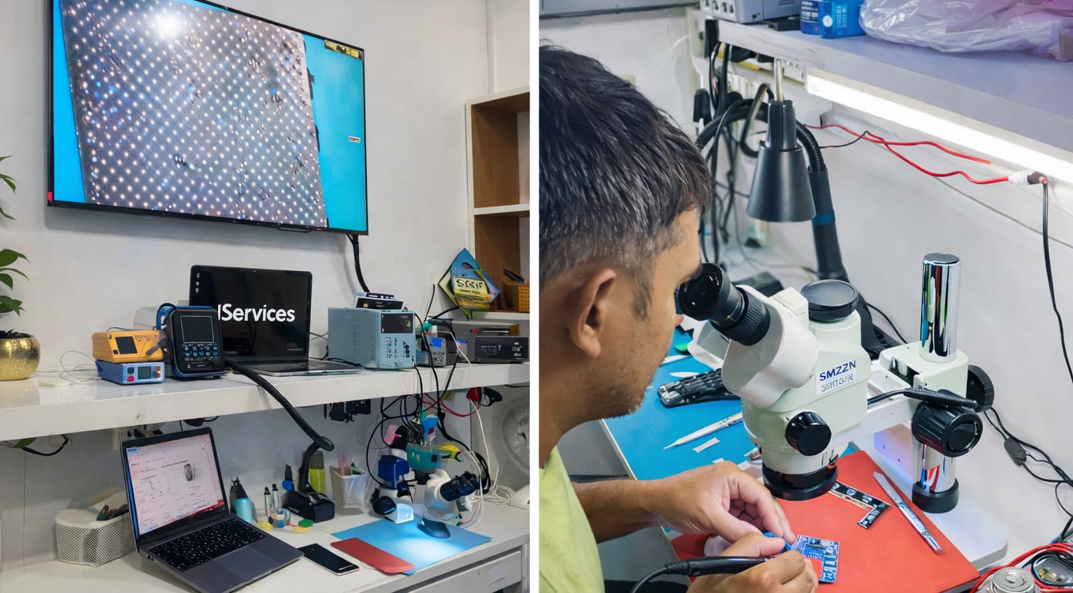 iServices Centre technicians repairing Apple devices in-house at the workshop bench, using a microscope for board-level repair